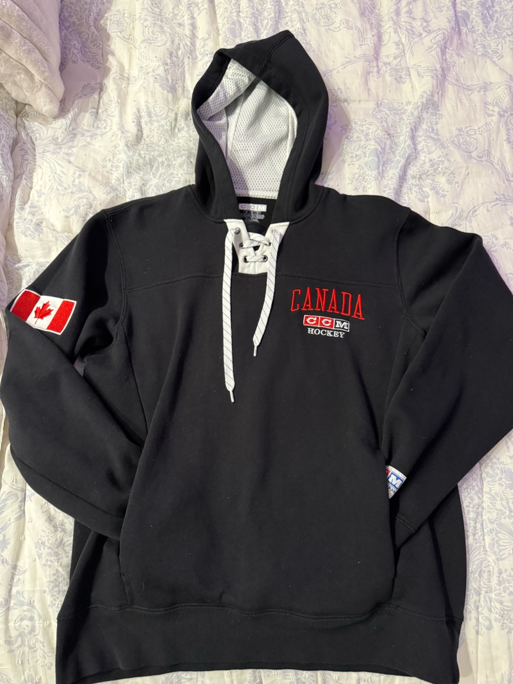 CCM Black Canada Hockey Lace-Up Hoodie with Red Embroidery